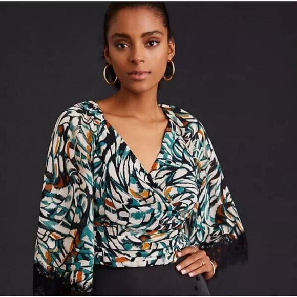 Anthropologie Flutter Sleeve Wrap Around Lace Blouse Top Sz XL Multicolor V-Neck - Picture 1 of 10